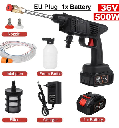 Cordless electric car washing machine with aluminium alloy head and ABS handle, showing nozzle attachments