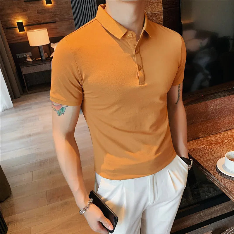 Solid colour cotton blend polo shirt with lapel collar and short sleeves in Korean style fit