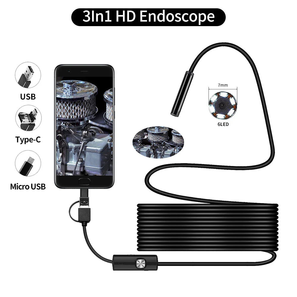 High-definition endoscope camera with 1200P HD resolution, adjustable LED lights, and waterproof design for versatile use on smartphones, tablets, and PCs.