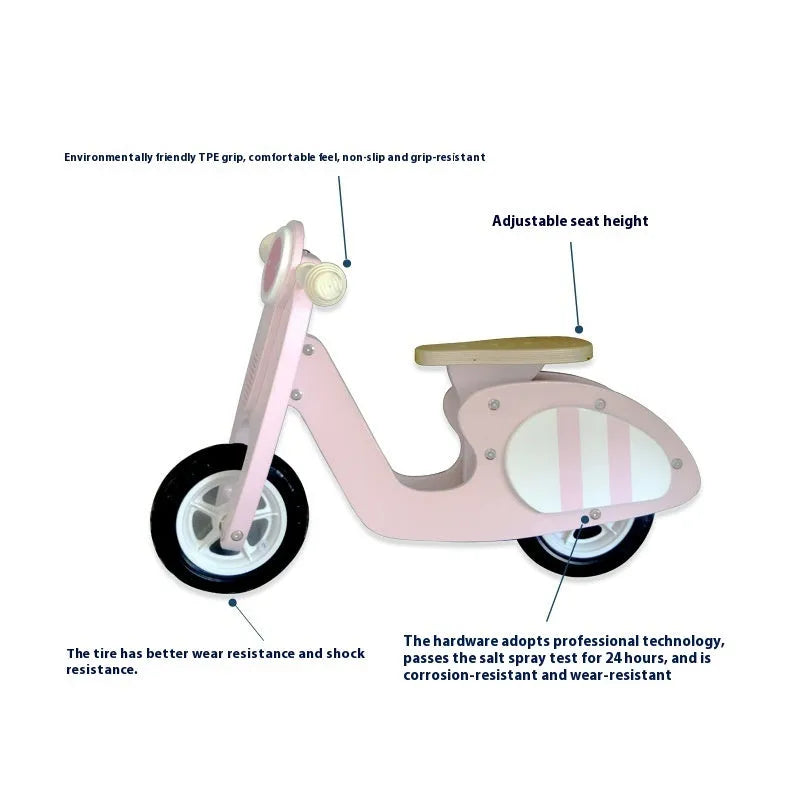 Pink wooden balance scooter for toddlers measuring 10 inches, designed for children aged 1-6 years