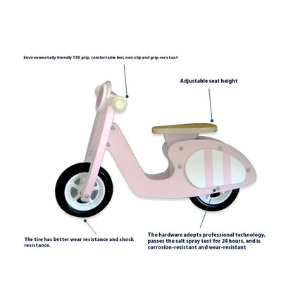 Pink wooden balance scooter for toddlers measuring 10 inches, designed for children aged 1-6 years