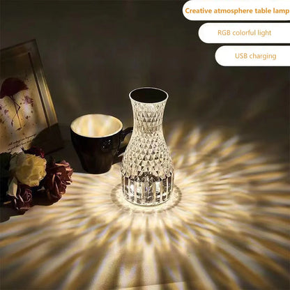 Vase Shape Crystal LED Table Lamp with remote control on a bedside table