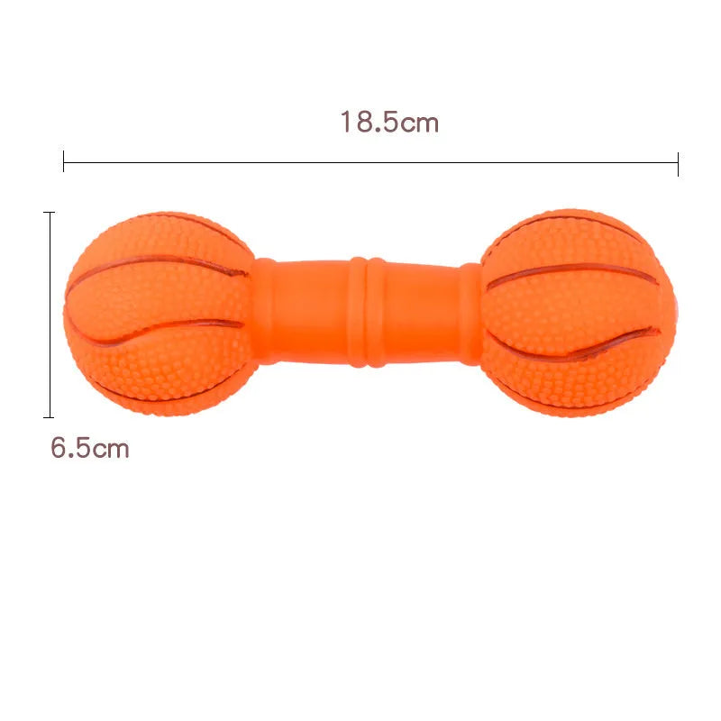 Brown, orange, white, and yellow PVC football dumbbell squeaky dog chew toy.