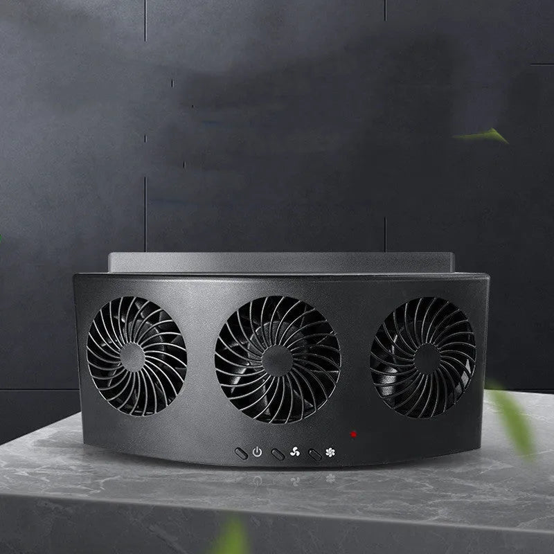 USB-powered new car ventilation fan in ABS plastic, compact 23cm x 11cm x 7cm design, 1.5m cable, for interior heat and exhaust odour dissipation, available in black or white.