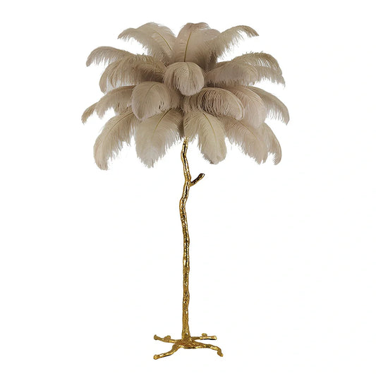 Bedside feather floor lamp with copper base and white feather shade, 170cm height