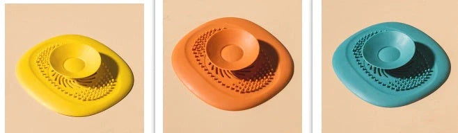 TPR vortex design sink drain cover in twilight orange, quiet blue, mango yellow, and gentian green