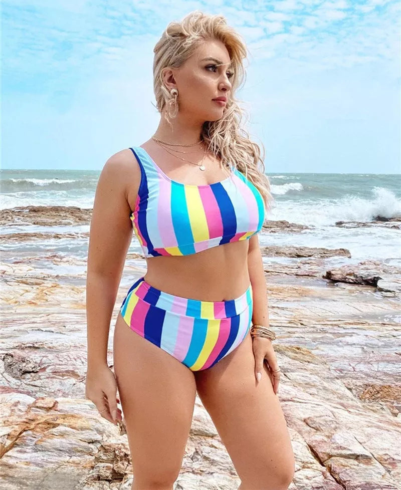 Women's plus size split bikini in multicolour, blue, and black options for swimming and wading