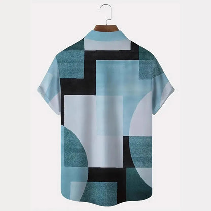Man wearing a loose-fit short sleeve cardigan shirt with a retro geometric square pattern in contrasting colours.