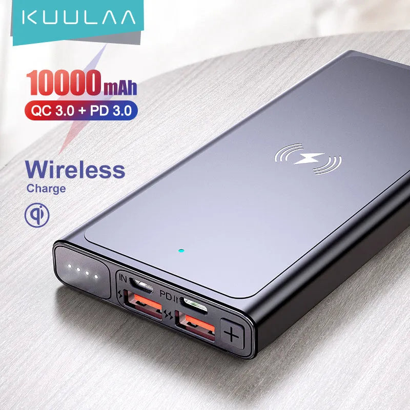 Black and blue alloy 10000mAh portable power bank with wireless charging function.