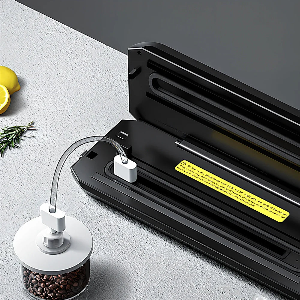 Black HP-9007 vacuum food sealer with 17x25cm bags, dimensions 14x35x5.5cm for home use