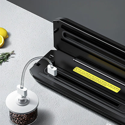 Black HP-9007 vacuum food sealer with 17x25cm bags, dimensions 14x35x5.5cm for home use