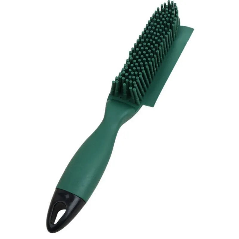Green silicone pet grooming brush with flexible bristles for removing hair from cats, dogs and furniture