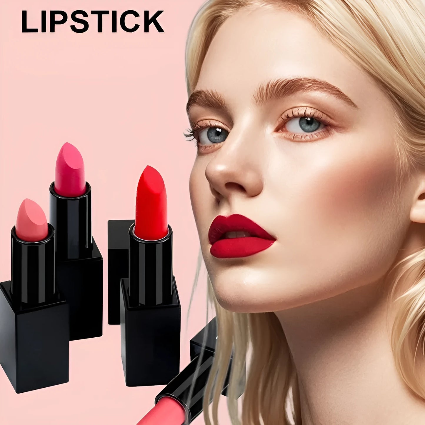 Beauty Does Not Fade matte finish lipstick in nonstick cup packaging, showing range of 24 colour shades.