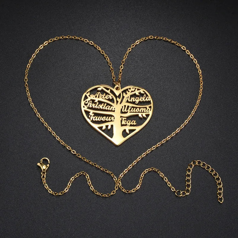 Custom stainless steel name necklace with hollow heart tree pendant in gold, rose gold, or silver on a chain.