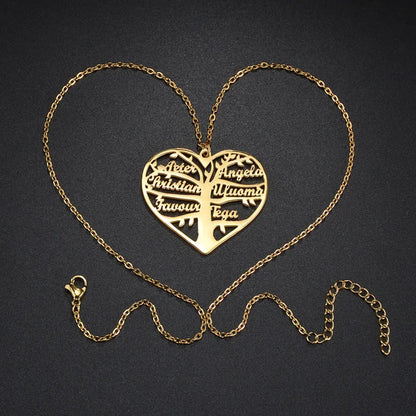 Custom stainless steel name necklace with hollow heart tree pendant in gold, rose gold, or silver on a chain.