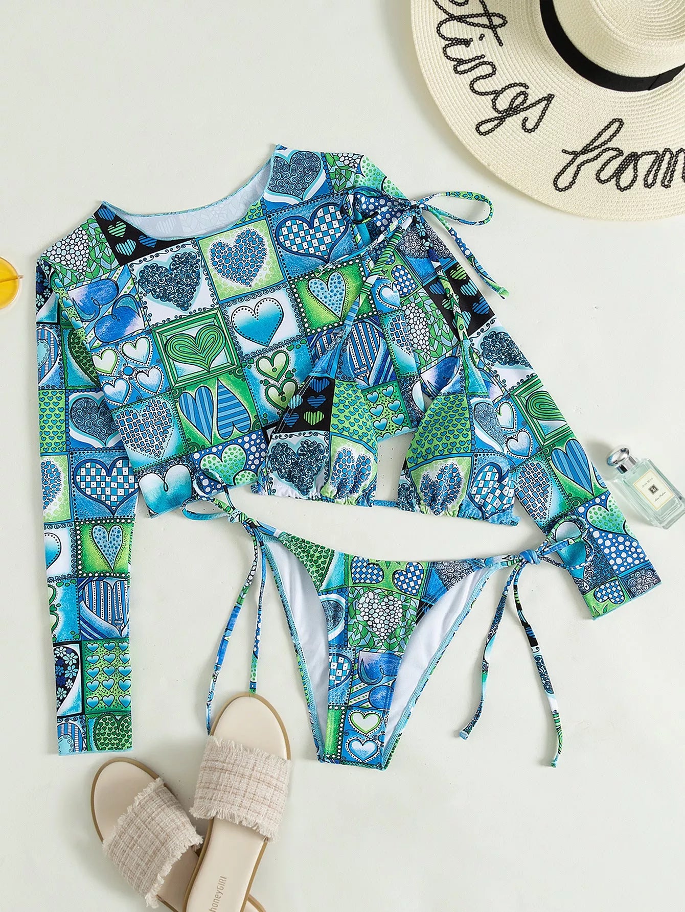 Ladies blue polyester bikini swimwear with top and pants, sizes S to XL