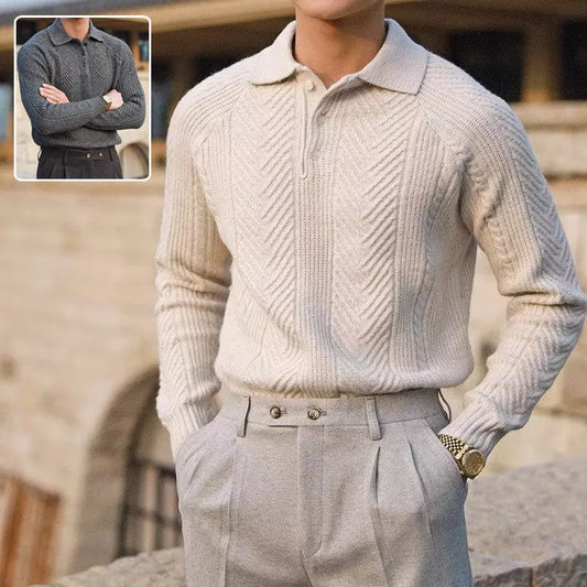 Men's slim fit lapel knitted sweater in gray, black, and apricot colors