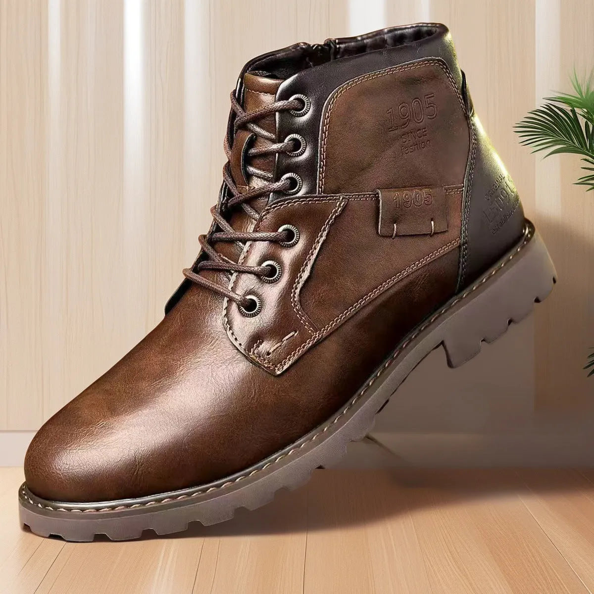 Men's brown ankle boots with side zip fastening and round toe design
