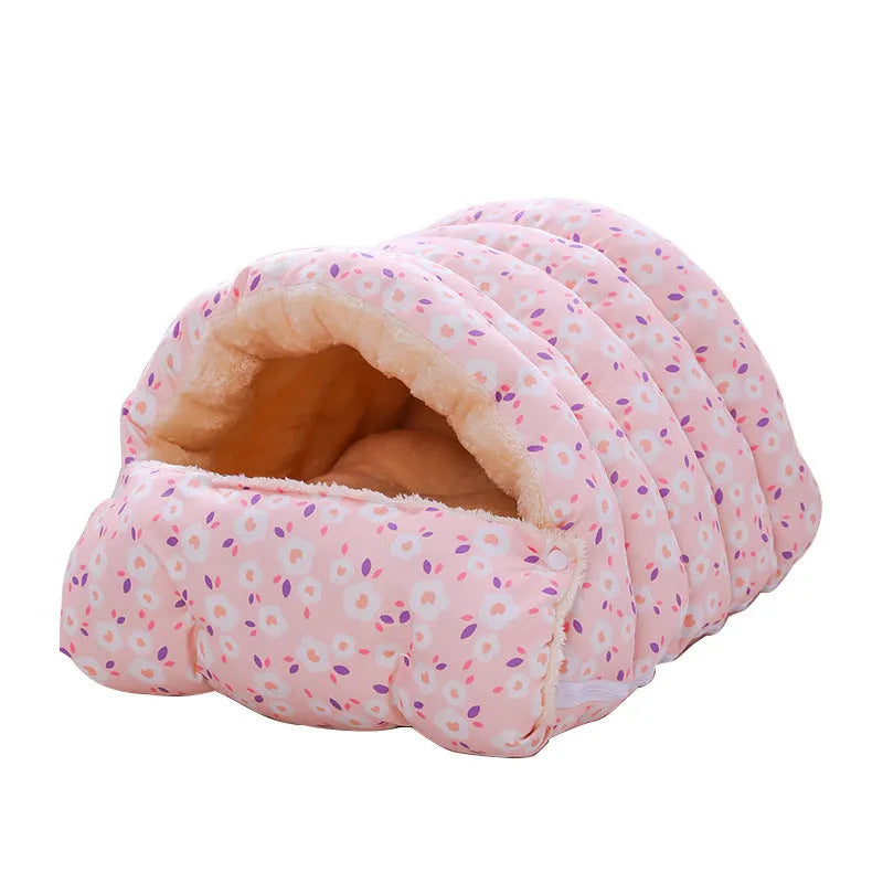 Closed winter cat nest with floral pattern, showing removable design and soft cloth fabric.
