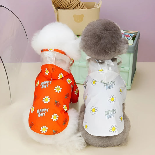 Transparent dog raincoat with two-foot design and pull ring in small flower pattern