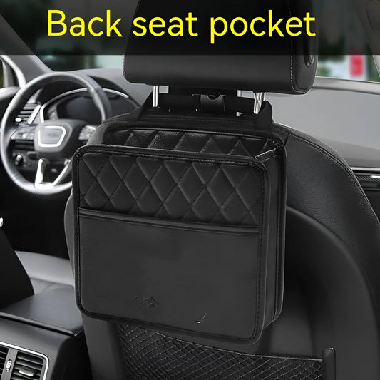 Leather car interior hanging storage bag organiser in black colour measuring 25x25x8 cm