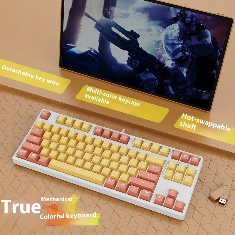 87-key mechanical keyboard with two-tone coloured keycaps on metal case