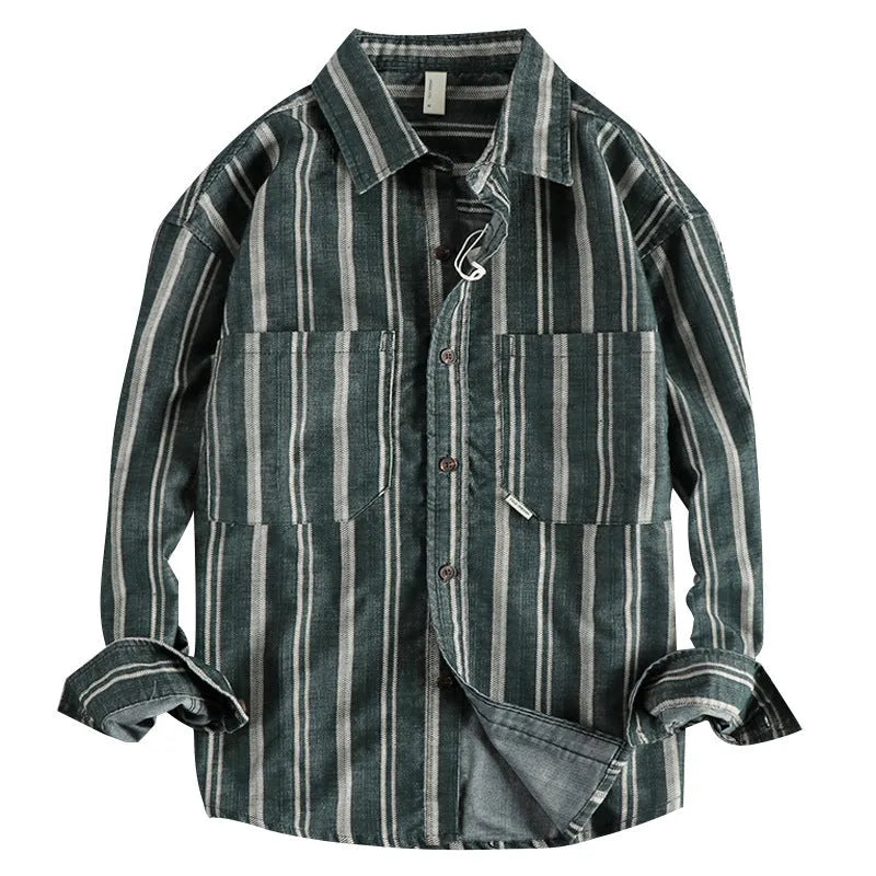 Men's vintage striped shirt with yarn-dyed fabric in loose Japanese retro style