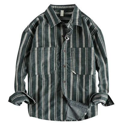 Men's vintage striped shirt with yarn-dyed fabric in loose Japanese retro style
