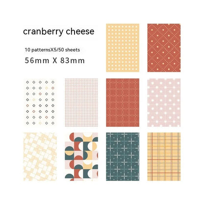 Retro collage note paper set with 50 pieces in dessert colours including Red Plum Cheese and Caramel Puff