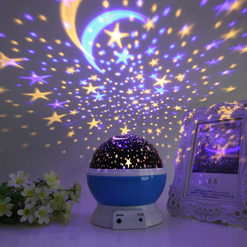 Celestial LED Projection Lamp with rotating base, projecting stars, moons, and cosmic designs onto walls and surfaces