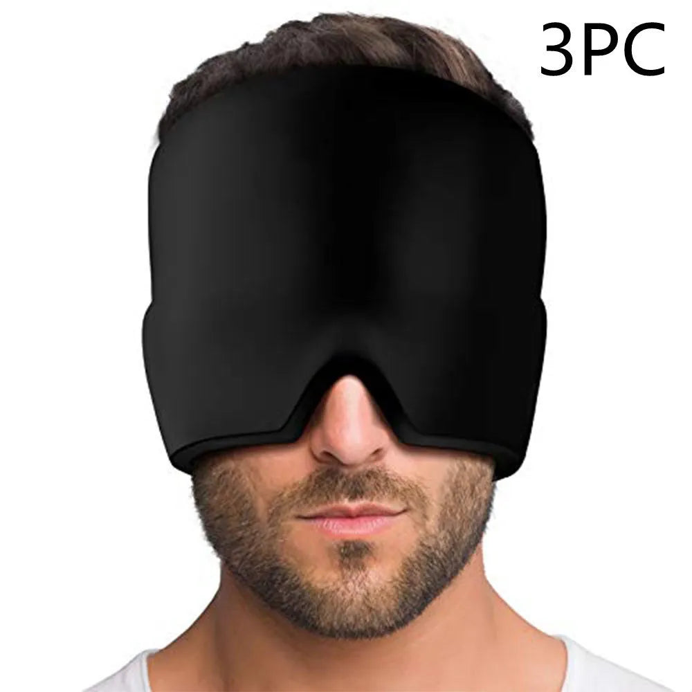 Black elastic cooling gel eye mask for headache relief placed on a forehead.