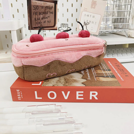 Cherry Cake plush pencil bag in velvet with zip closure, measuring 20cm long