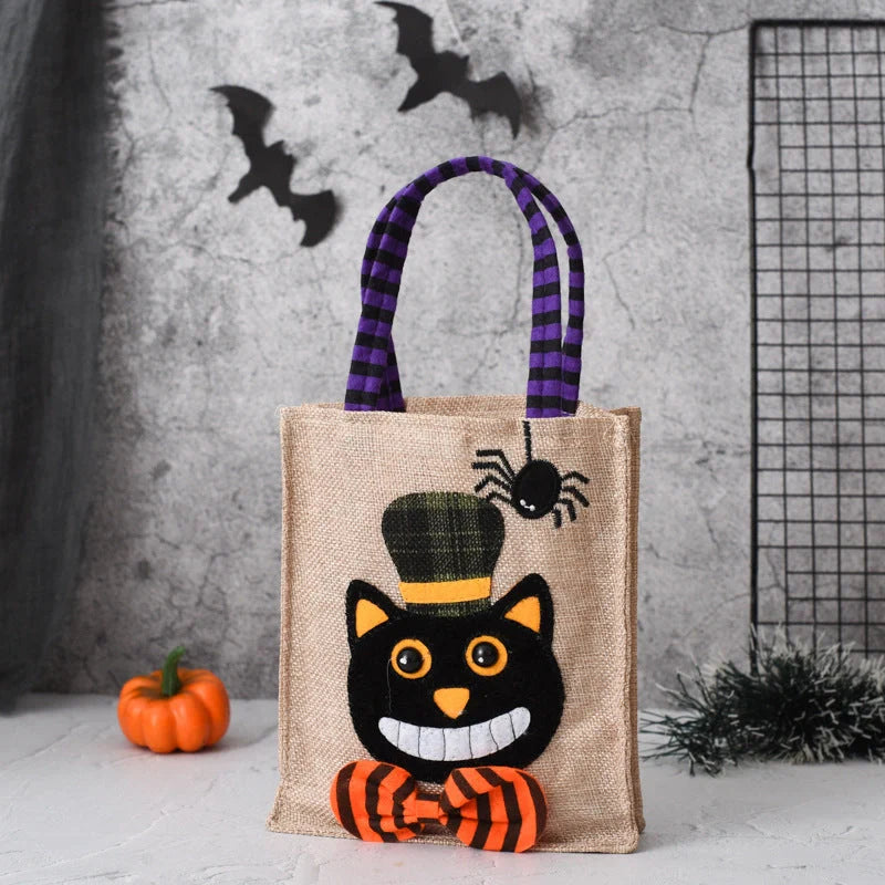 Funny Halloween Candy Tote Bag for Kids featuring witch, skull, and pumpkin designs