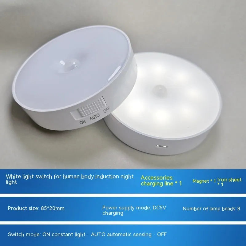 LED body sensing night light with USB charging, 86mm diameter, in beige or white, showing 3M tape for installation