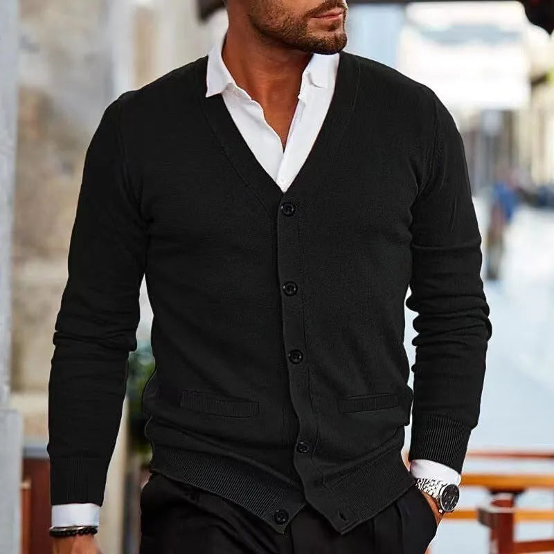 Men's slim fit acrylic cardigan sweater in autumn colours with long sleeves and front button opening