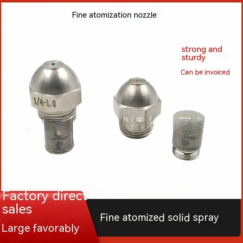 304 stainless steel high and low pressure atomising nozzle with external thread and filter.