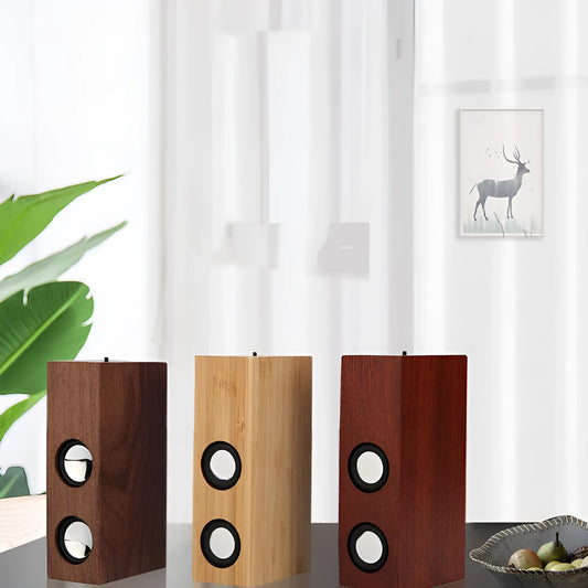 Retro-style wooden Bluetooth speaker in a choice of bamboo, black walnut, or sapele wood finishes.