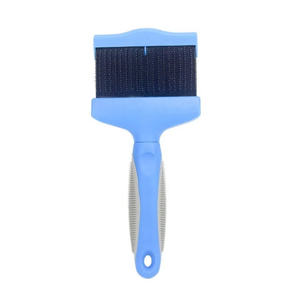 A blue double-sided pet grooming brush with stainless steel pins and a non-slip handle.