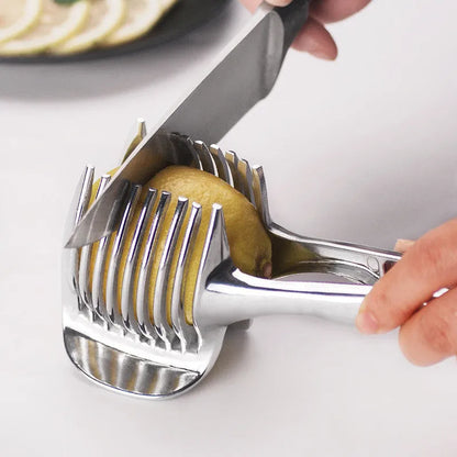 Silver plastic folding lemon slicer kitchen tool for fruit and vegetable preparation