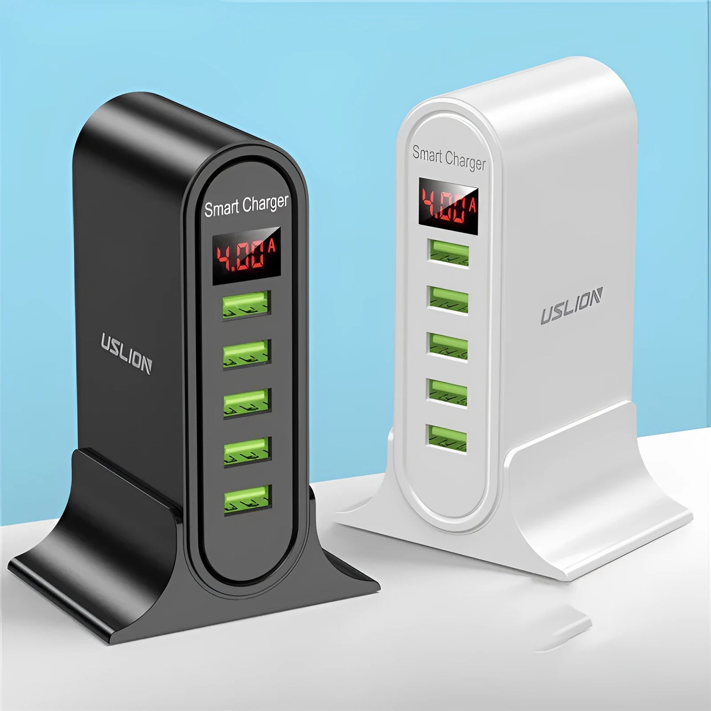 Smart LED digital display USB charger showing charging status with 4000mA output for UK voltage