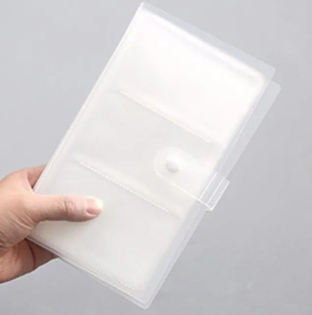 PVC and PP business card holder book with protective shell measures 190mm by 120mm for storing business cards and badges in blue, green, light purple, pink, or purple with a smile logo design