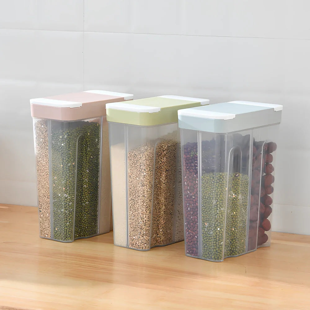 Clear plastic food storage box with measuring scale and blue lid