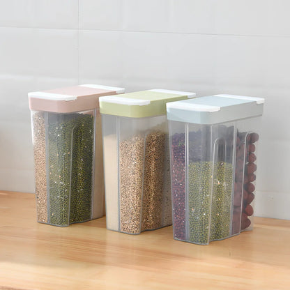 Clear plastic food storage box with measuring scale and blue lid