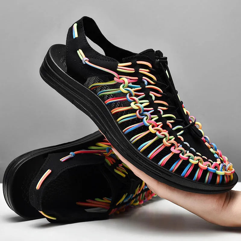 Fashion woven sandals with elastic drawstring tie closure and rubber sole in rainbow colour
