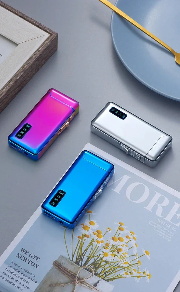 Metal windproof electric lighter showing compact 77.5mm design with USB charging port and flame adjustment