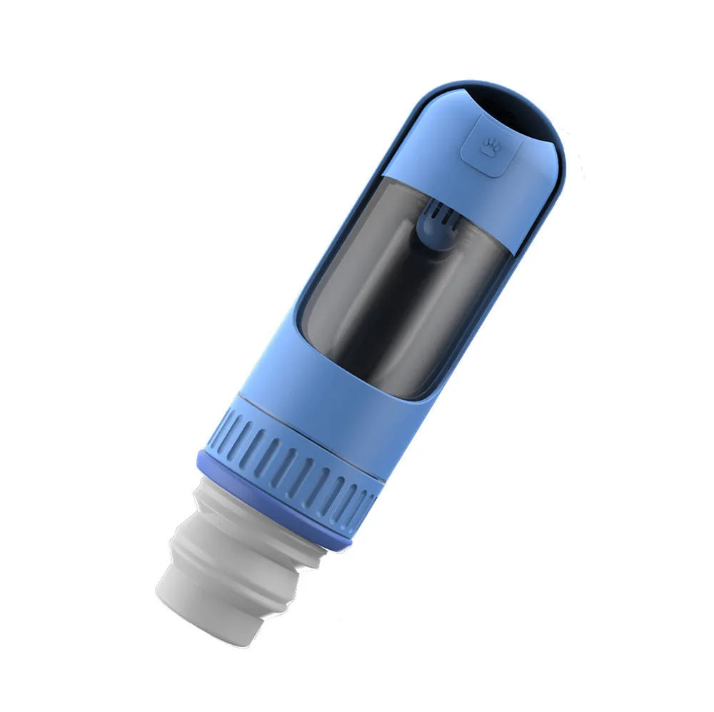 Dark blue portable dog water bottle with integrated bowl, showing compact 215x75x75mm size and one-hand operation mechanism