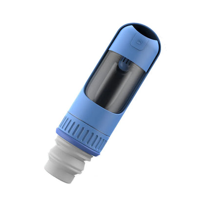 Dark blue portable dog water bottle with integrated bowl, showing compact 215x75x75mm size and one-hand operation mechanism
