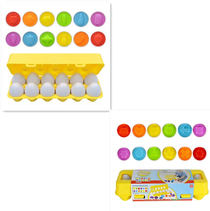 Educational shape matching egg toy with 12 colourful plastic eggs in storage case