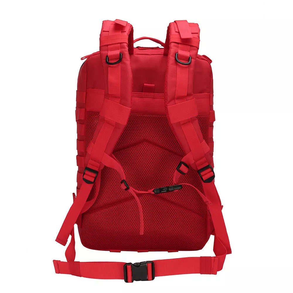 Outdoor leisure backpack with 45L capacity and waterproof fabric in blue, black, red, and khaki