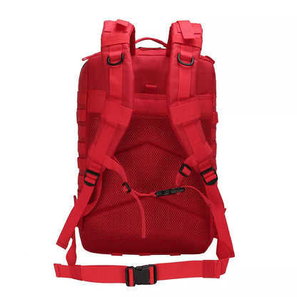 Outdoor leisure backpack with 45L capacity and waterproof fabric in blue, black, red, and khaki